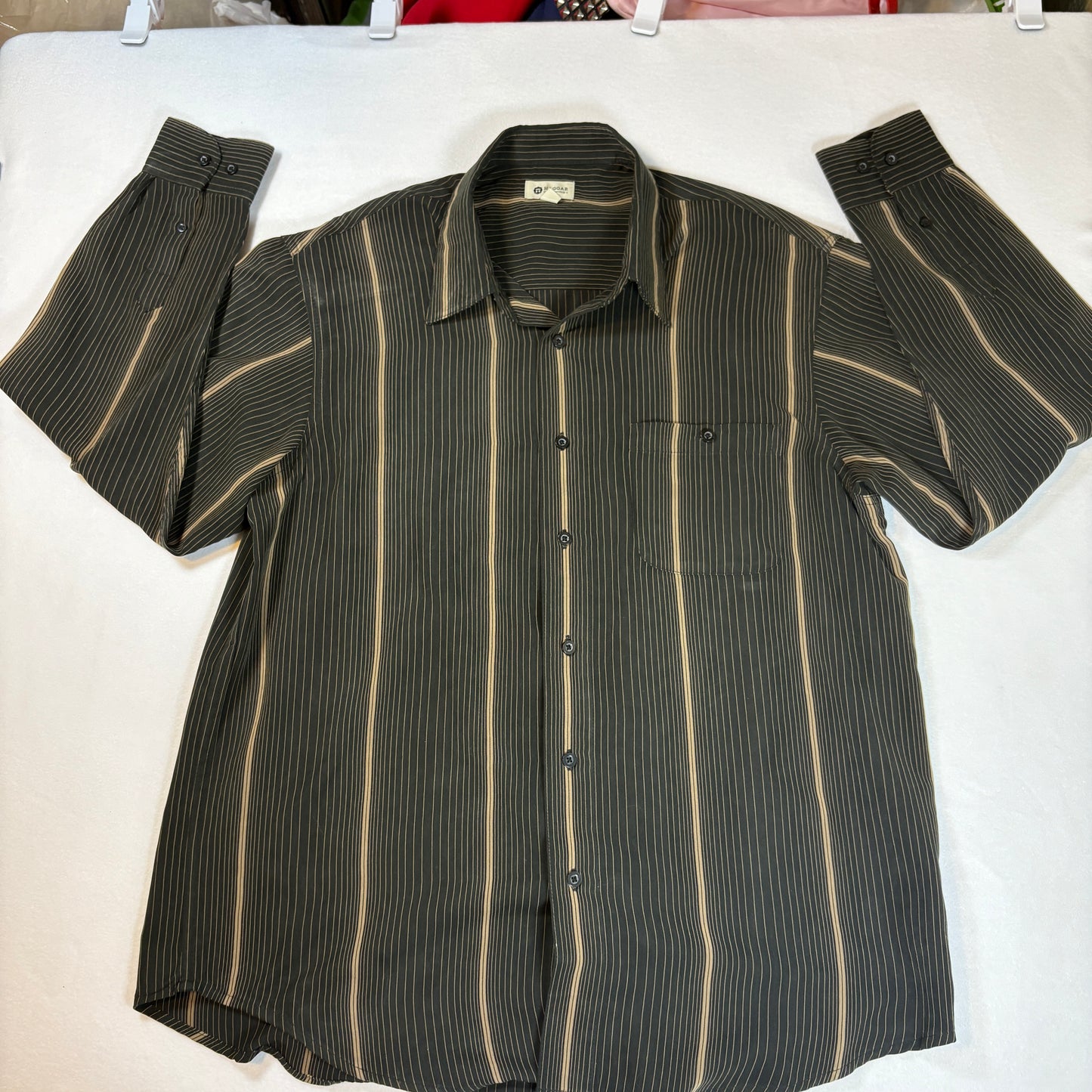 Haggar Mens Shirt L Black Beige Vertical Stripe Long Sleeve Button Front Casual