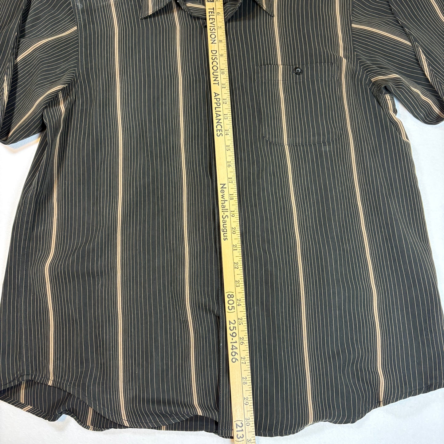 Haggar Mens Shirt L Black Beige Vertical Stripe Long Sleeve Button Front Casual