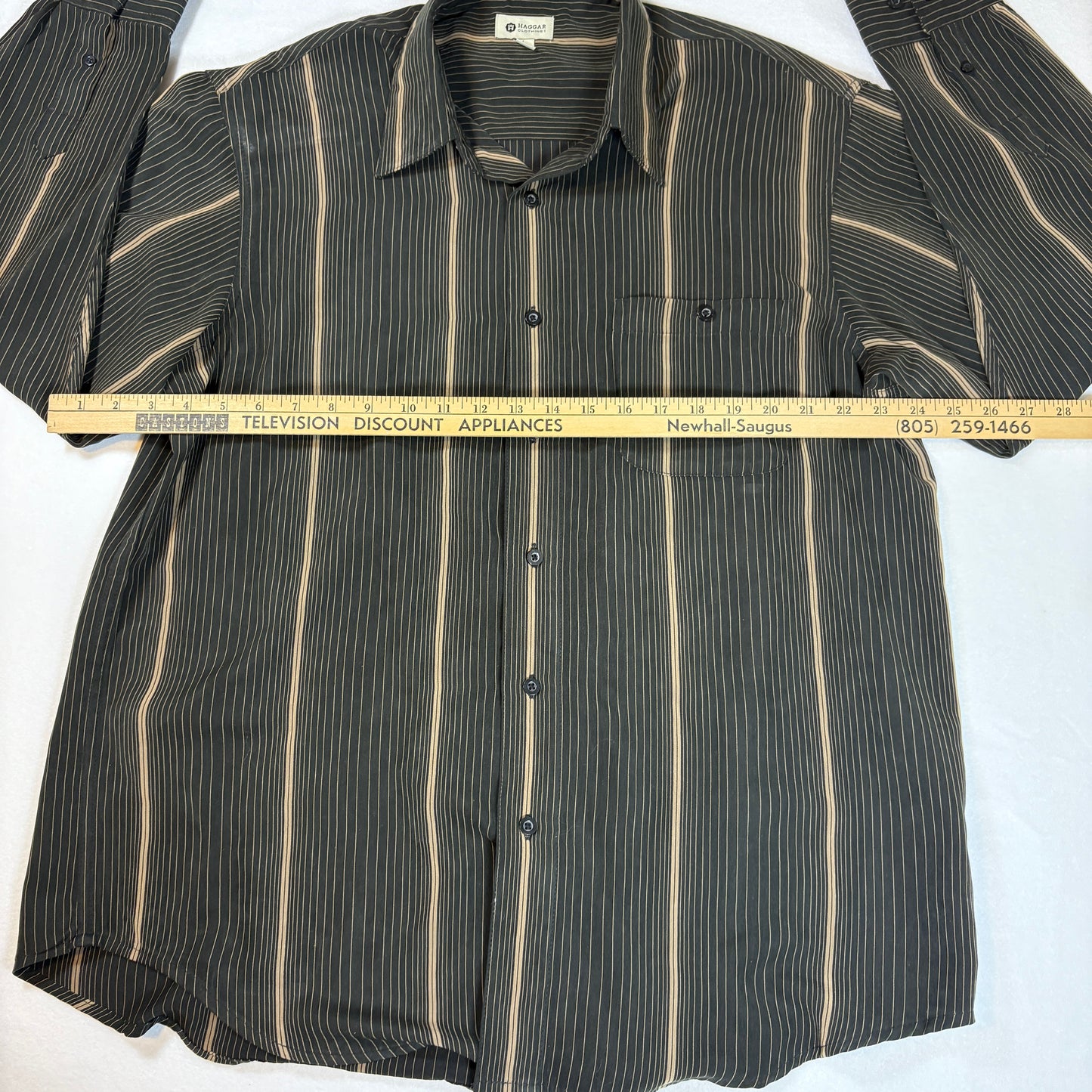 Haggar Mens Shirt L Black Beige Vertical Stripe Long Sleeve Button Front Casual