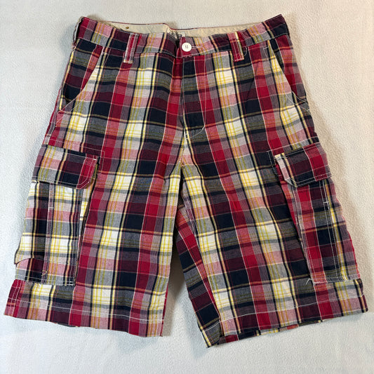 OTB Plaid Cargo Shorts Mens 32 Fits Like 32 Red Madras Y2K Skate Utility Pockets