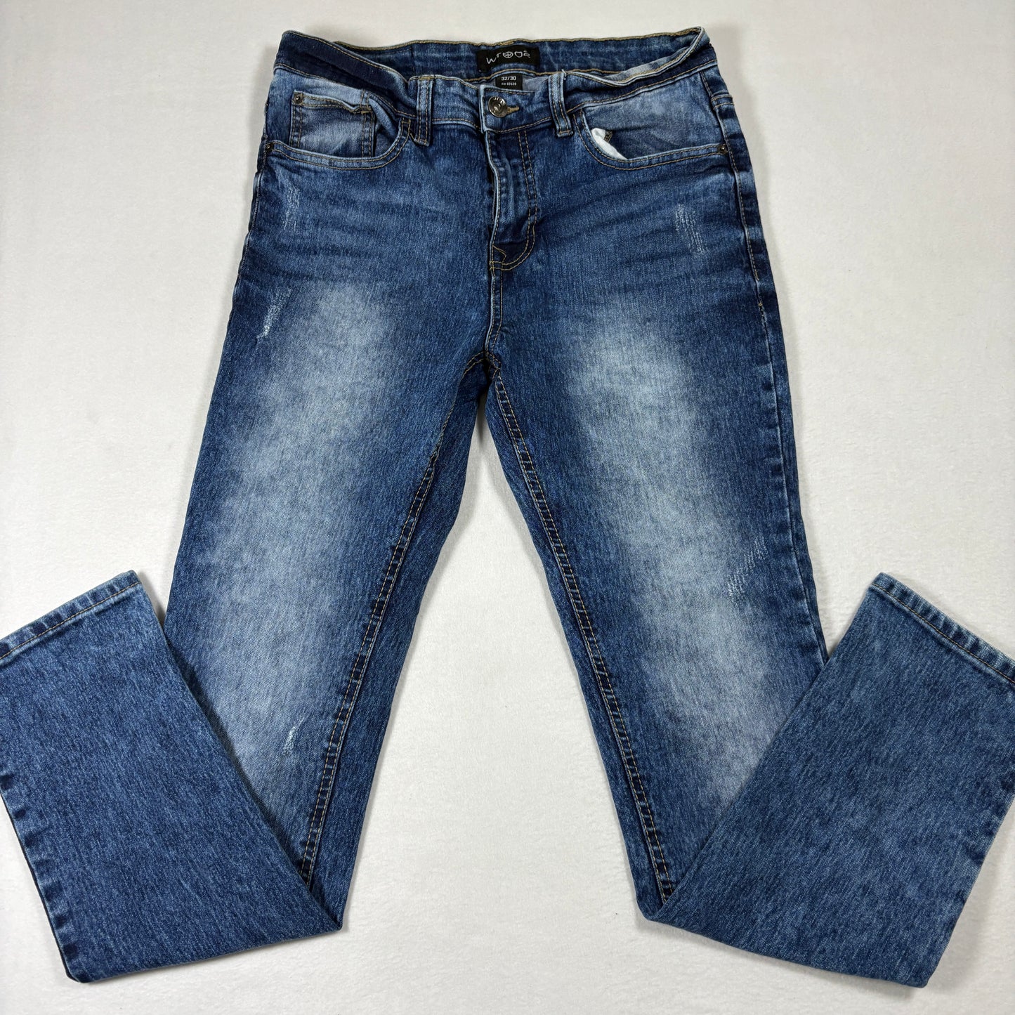 WT02 Mens Jeans 32x30 Straight Leg Blue Denim Faded Wash Y2K 90s Grunge Casual
