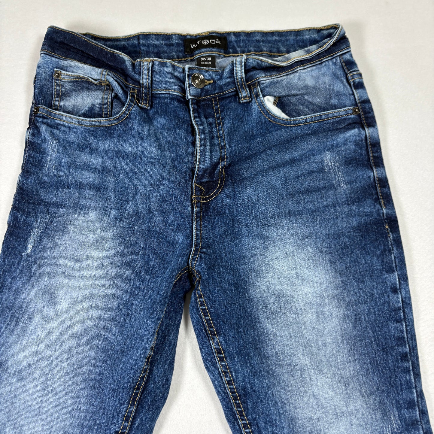 WT02 Mens Jeans 32x30 Straight Leg Blue Denim Faded Wash Y2K 90s Grunge Casual