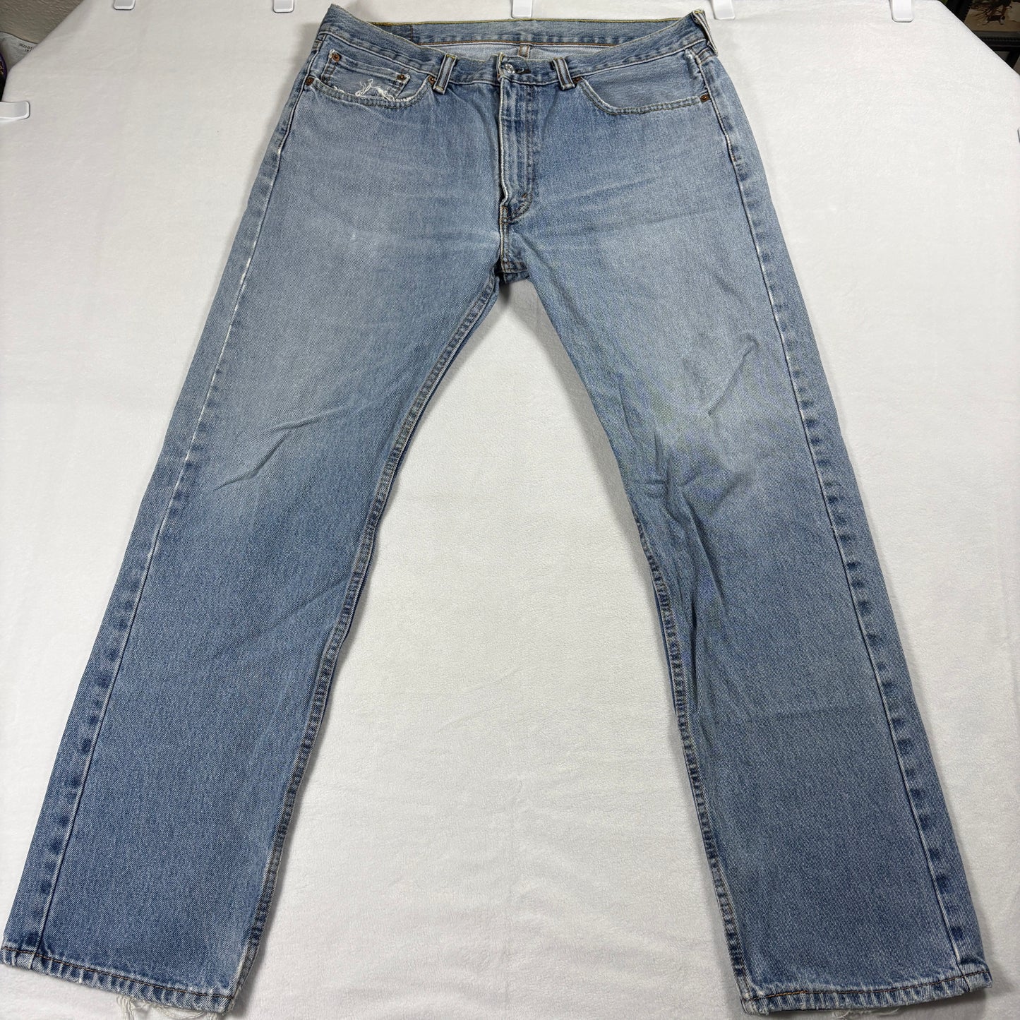 Vintage Levis 505 Jeans Mens 36x32 Distressed Straight Leg Denim Light Wash Blue