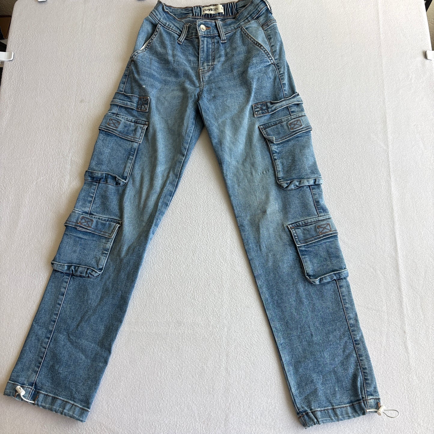 Lovegen Womens Cargo Jeans Elastic Waist Light Wash Multi Pocket Y2K Streetwear 1/26 Style