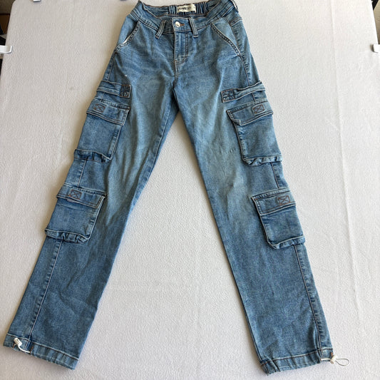 Lovegen Womens Cargo Jeans Elastic Waist Light Wash Multi Pocket Y2K Streetwear 1/26 Style