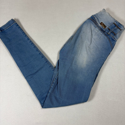 Fazined Womens Jeans 8 High Rise Skinny Blue Denim Button Front Y2K 90s Vintage