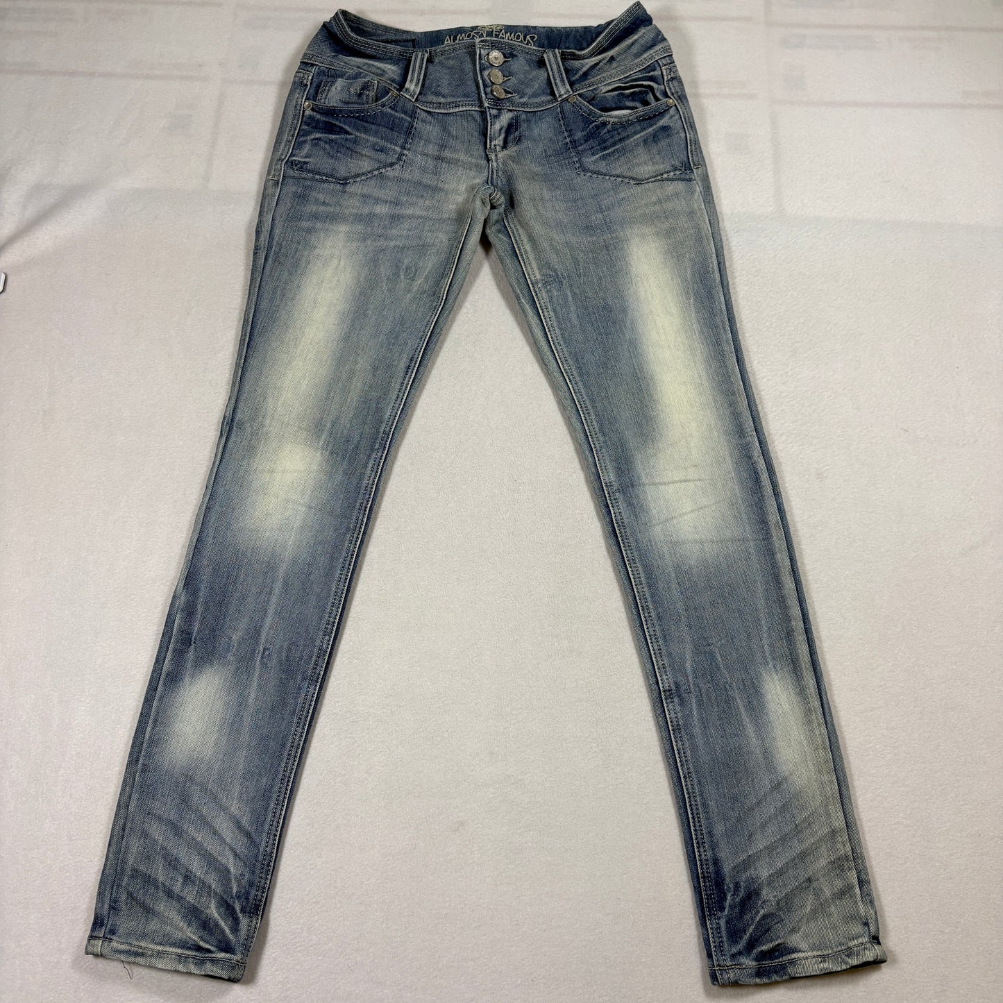 Almost Famous Skinny Jeans Womens 5 Blue High Rise Button Fly Stretch Denim