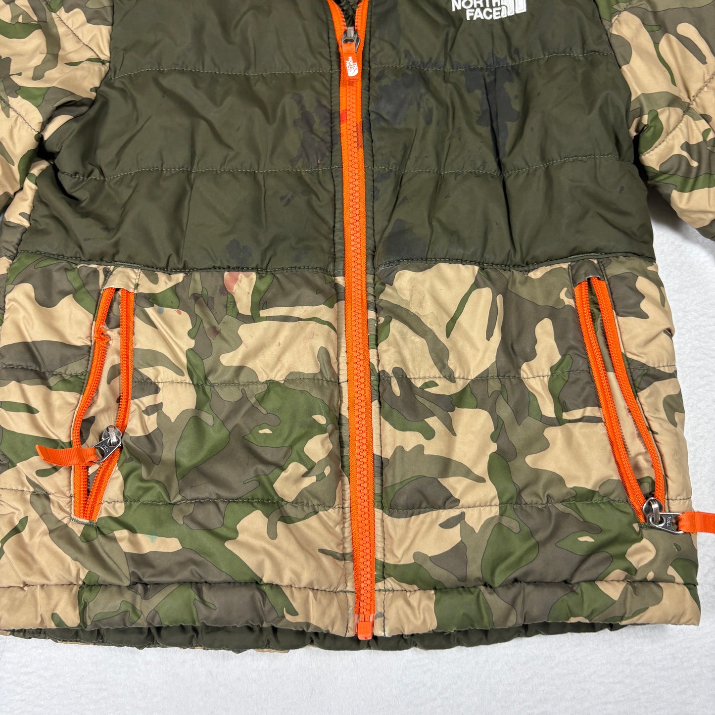 The North Face Kids Jacket Camo Green Orange Zip Puffer Coat Outdoor Winter Warm