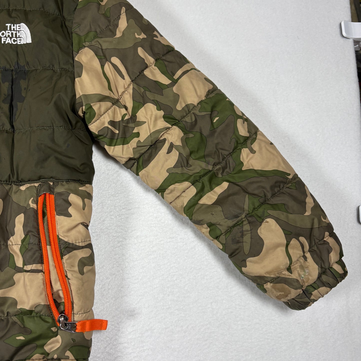 The North Face Kids Jacket Camo Green Orange Zip Puffer Coat Outdoor Winter Warm