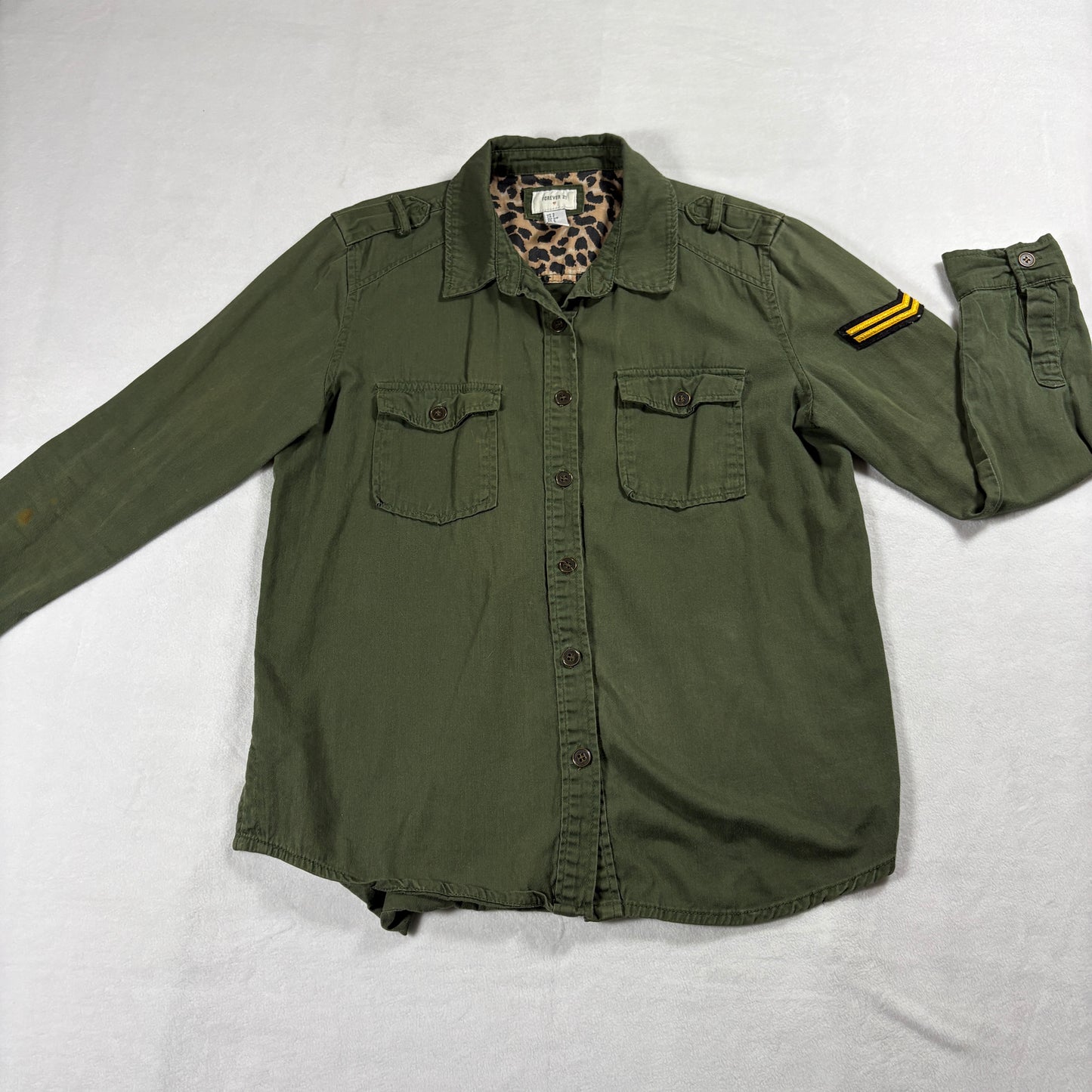 Forever 21 Utility Jacket Womens Small Olive Green Military Leopard Lined Y2K