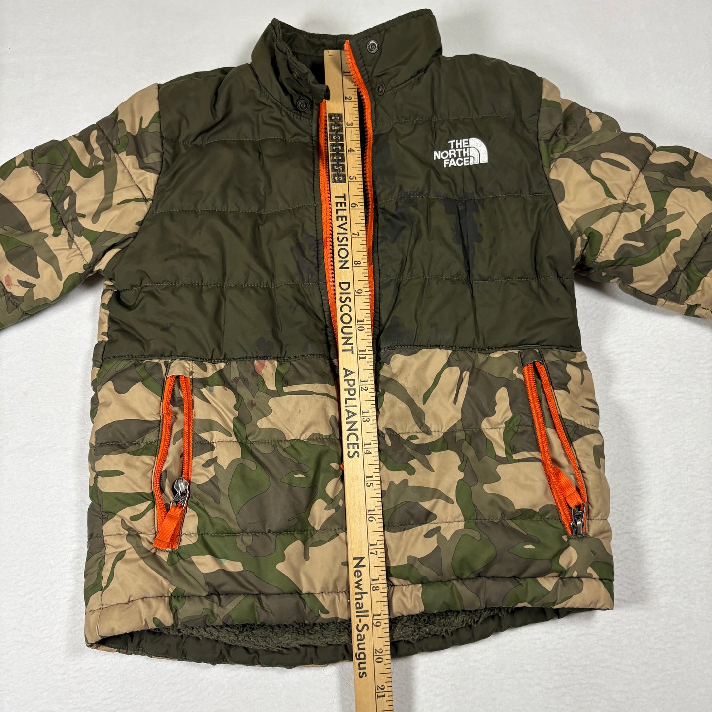 The North Face Kids Jacket Camo Green Orange Zip Puffer Coat Outdoor Winter Warm