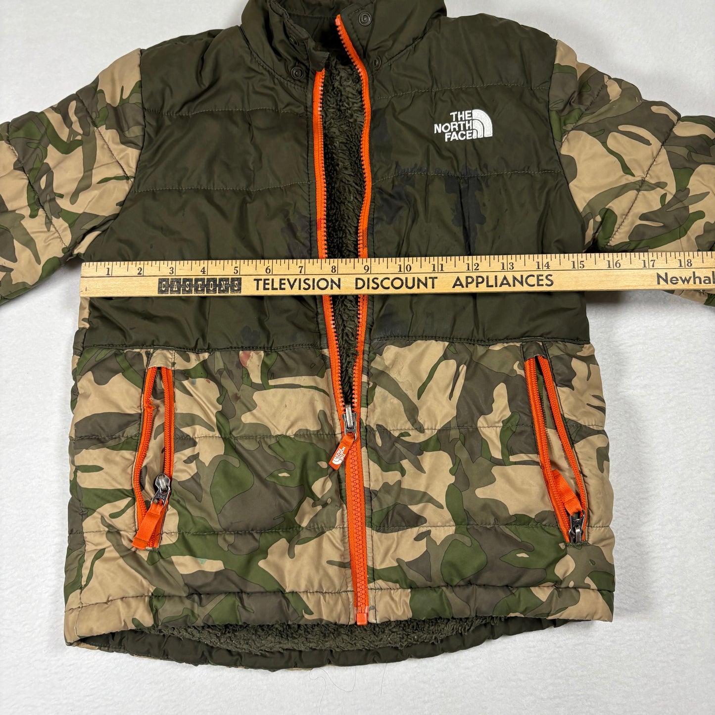 The North Face Kids Jacket Camo Green Orange Zip Puffer Coat Outdoor Winter Warm