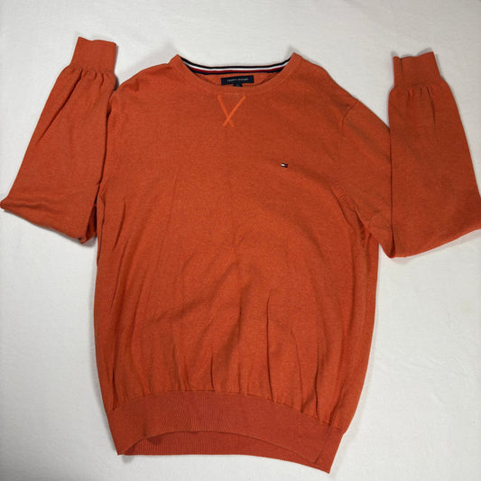 Tommy Hilfiger Sweater L Orange Crewneck Pullover Premium Cotton Logo