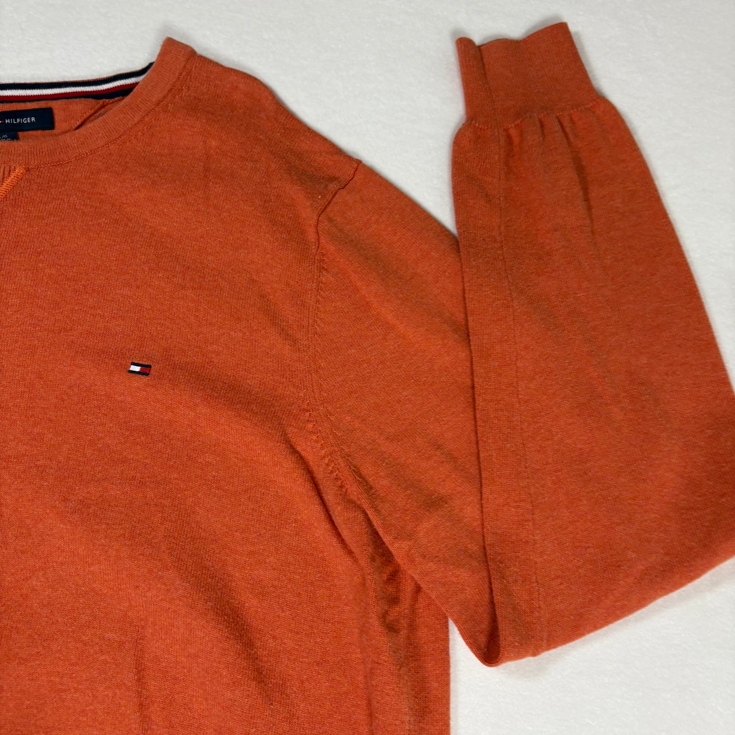 Tommy Hilfiger Sweater L Orange Crewneck Pullover Premium Cotton Logo