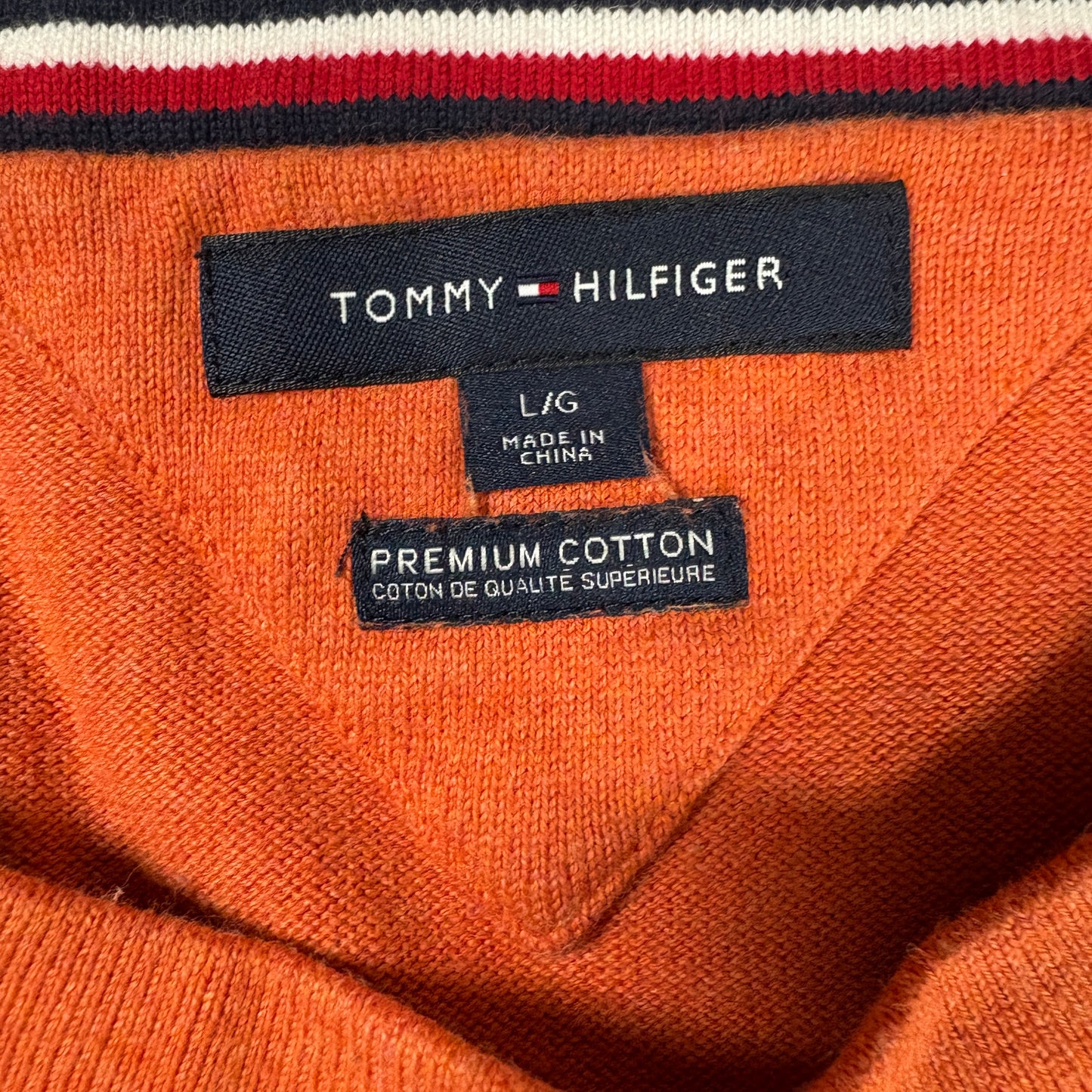 Tommy Hilfiger Sweater L Orange Crewneck Pullover Premium Cotton Logo
