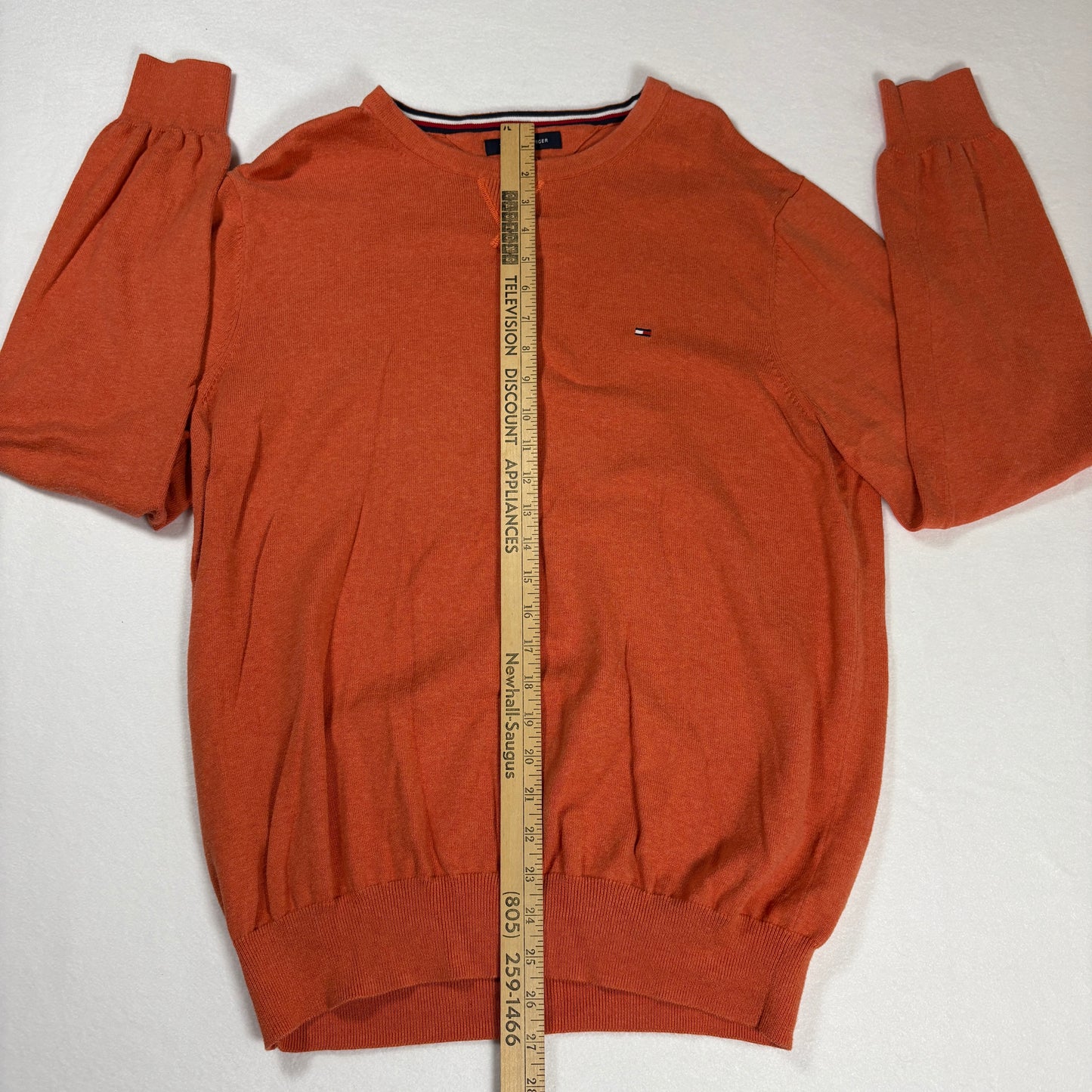 Tommy Hilfiger Sweater L Orange Crewneck Pullover Premium Cotton Logo