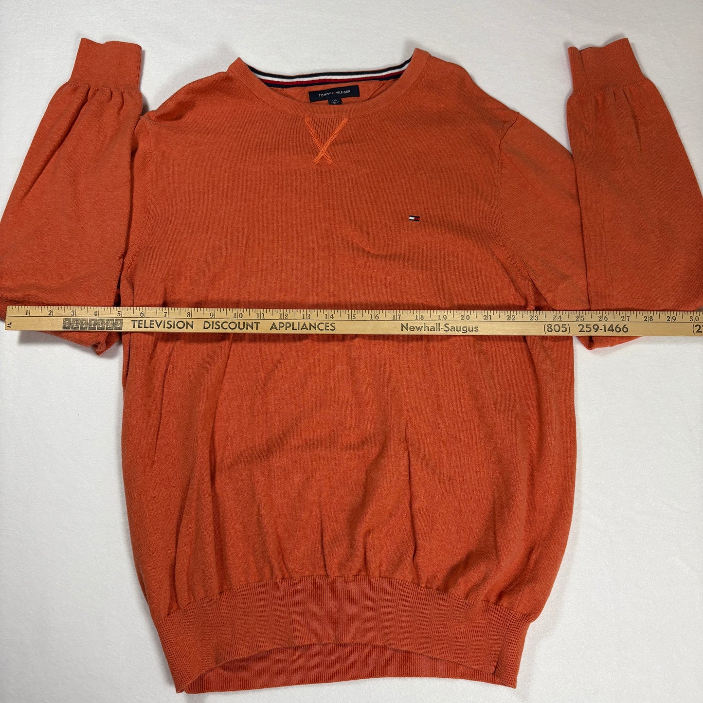 Tommy Hilfiger Sweater L Orange Crewneck Pullover Premium Cotton Logo
