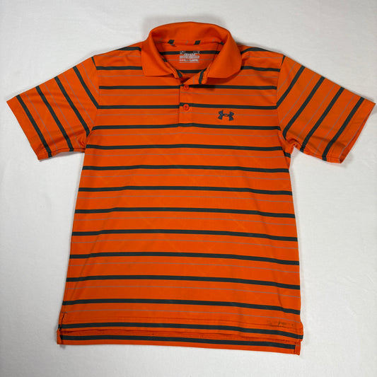Under Armour Polo Shirt Mens L Orange Black Striped HeatGear Performance Golf