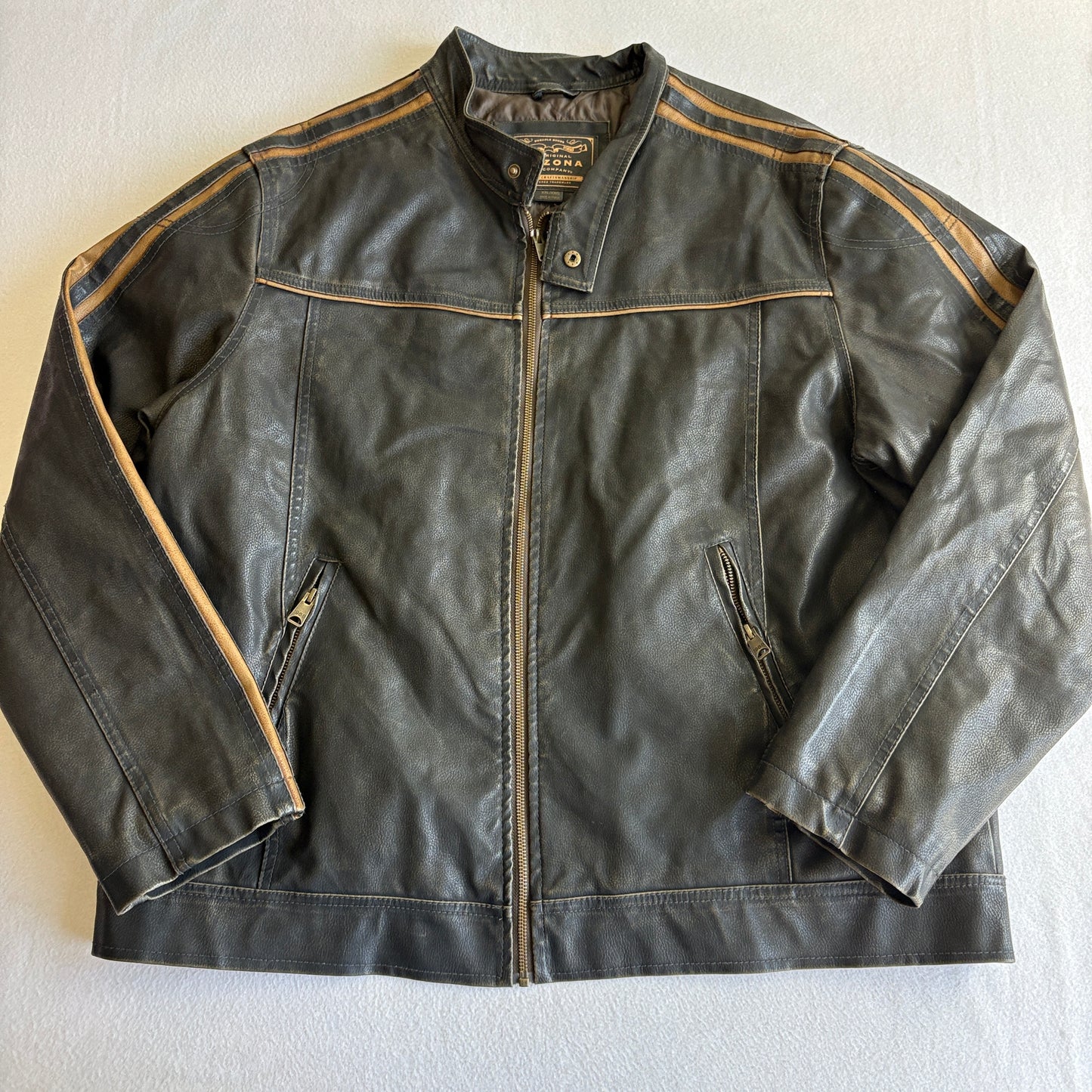 Arizona Jean Co Leather Cafe Racer Jacket Mens XXL Black Moto Biker Stripe Coat