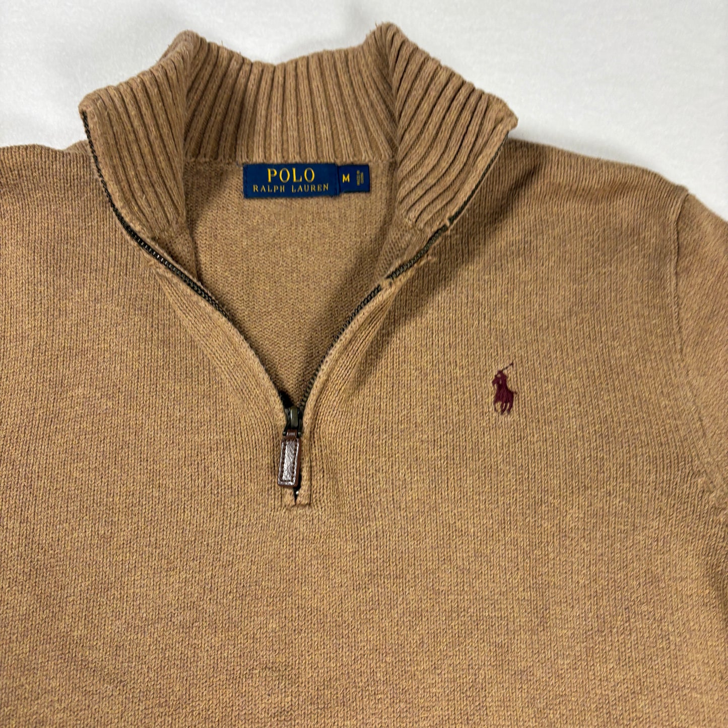 Polo Ralph Lauren Men’s 1/4 Zip Sweater Medium Brown Wool Blend Knit Pullover