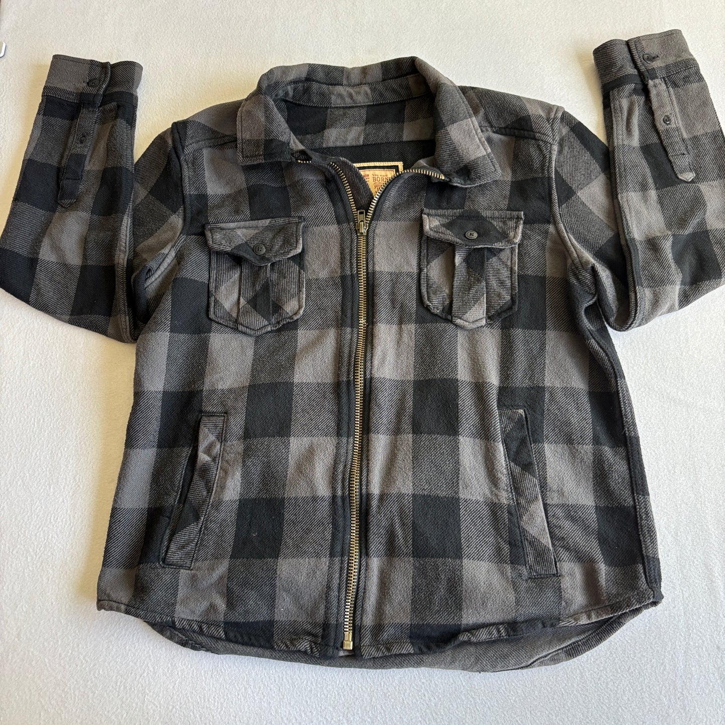 Arizona Jean Co Buffalo Plaid Flannel Jacket Men XL Gray Black Workwear Zip Coat