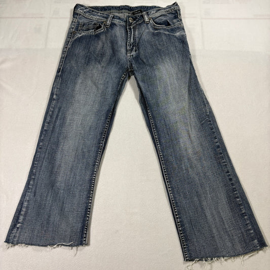 Buffalo Jeans Mens 32 Blue Distressed Wide Leg Denim Pants Raw Hem Grunge