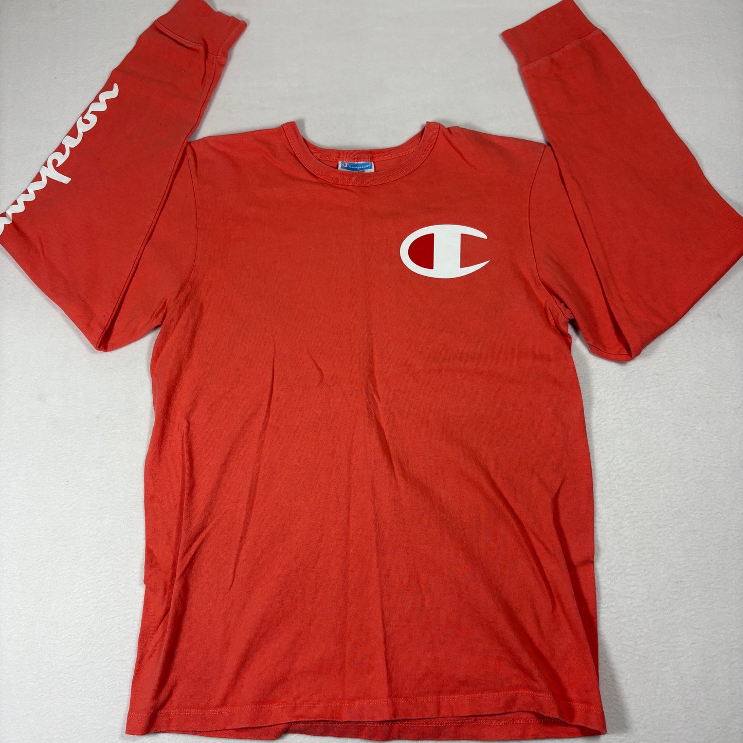 Champion Mens Long Sleeve T Shirt Size M Red Logo Spellout Graphic Tee Y2K Streetwear