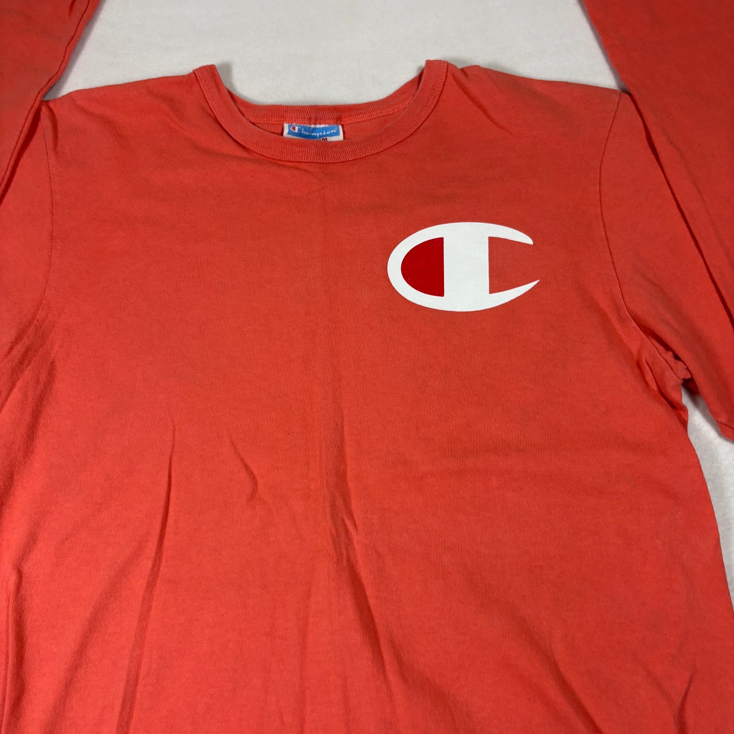 Champion Mens Long Sleeve T Shirt Size M Red Logo Spellout Graphic Tee Y2K Streetwear