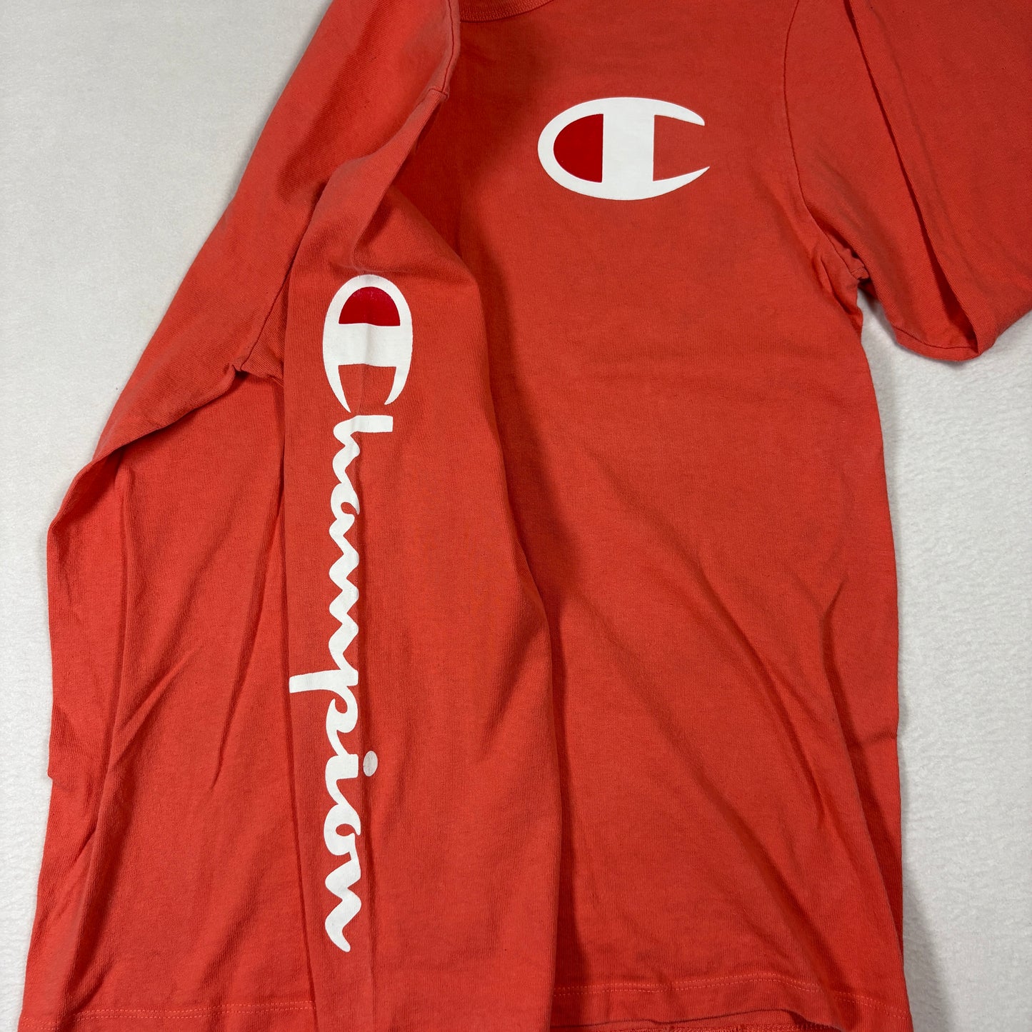 Champion Mens Long Sleeve T Shirt Size M Red Logo Spellout Graphic Tee Y2K Streetwear