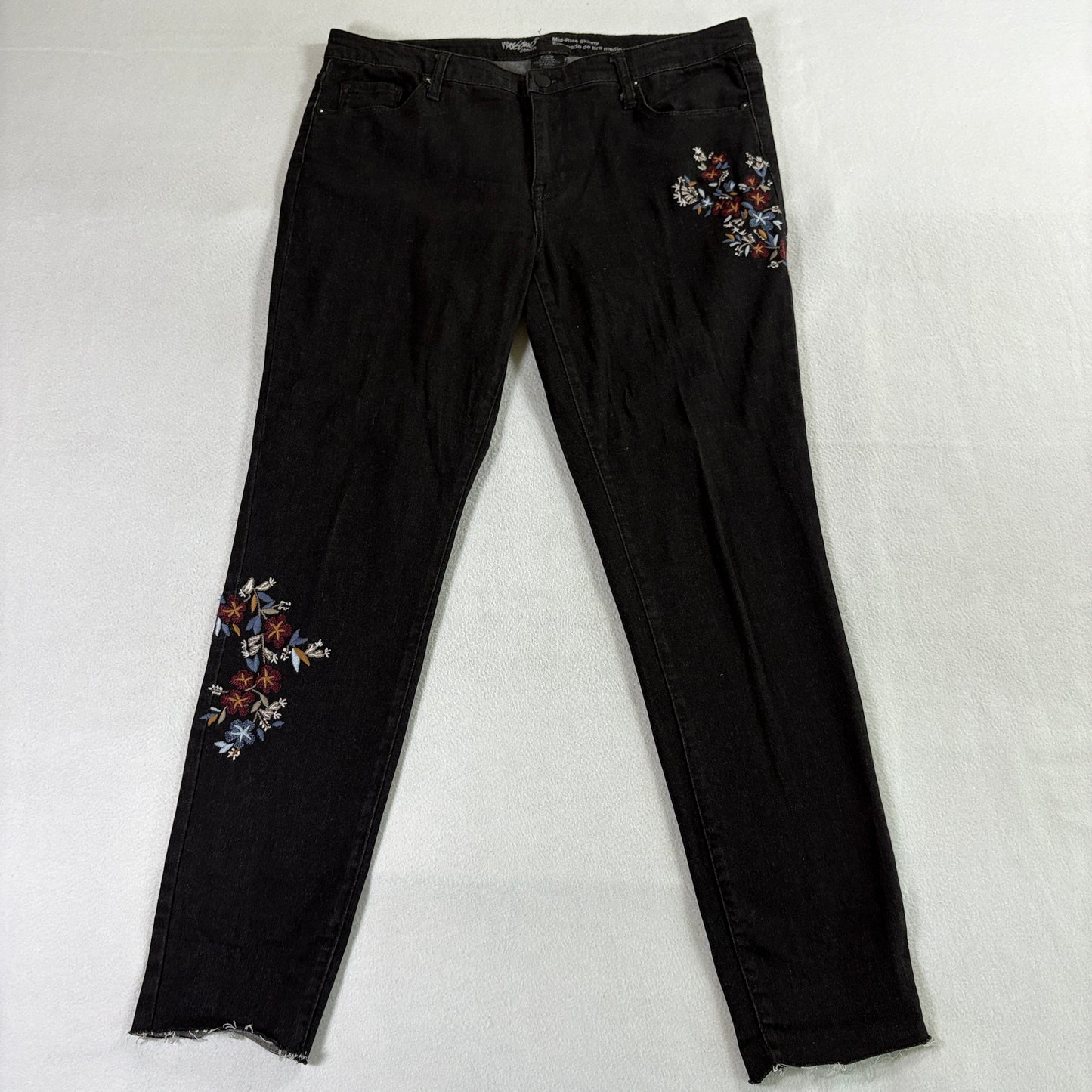 Mossimo Mid Rise Skinny Jeans Womens 12/31 Fits Like 35x29 Black Floral Stretch