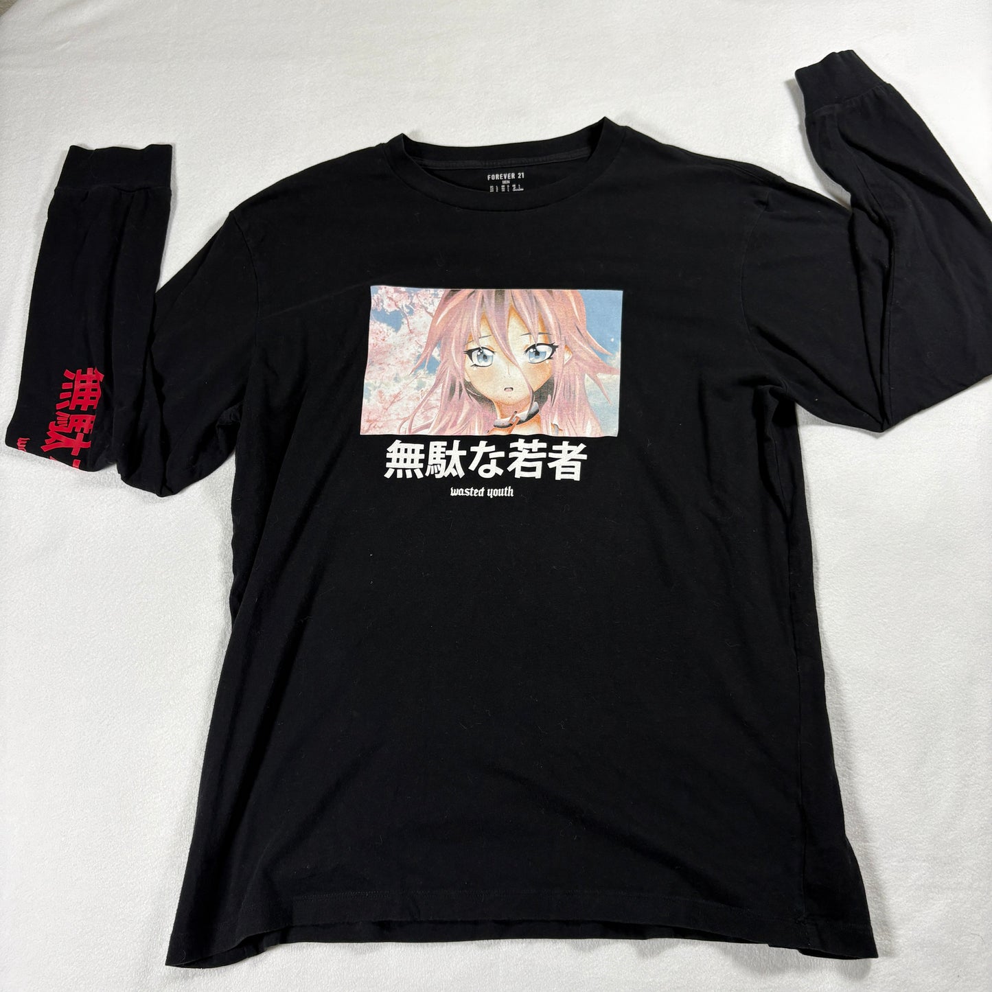 Graphic Long Sleeve T Shirt Mens Large Black Anime Streetwear Vintage Look Tees