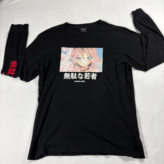 Graphic Long Sleeve T Shirt Mens Large Black Anime Streetwear Vintage Look Tees