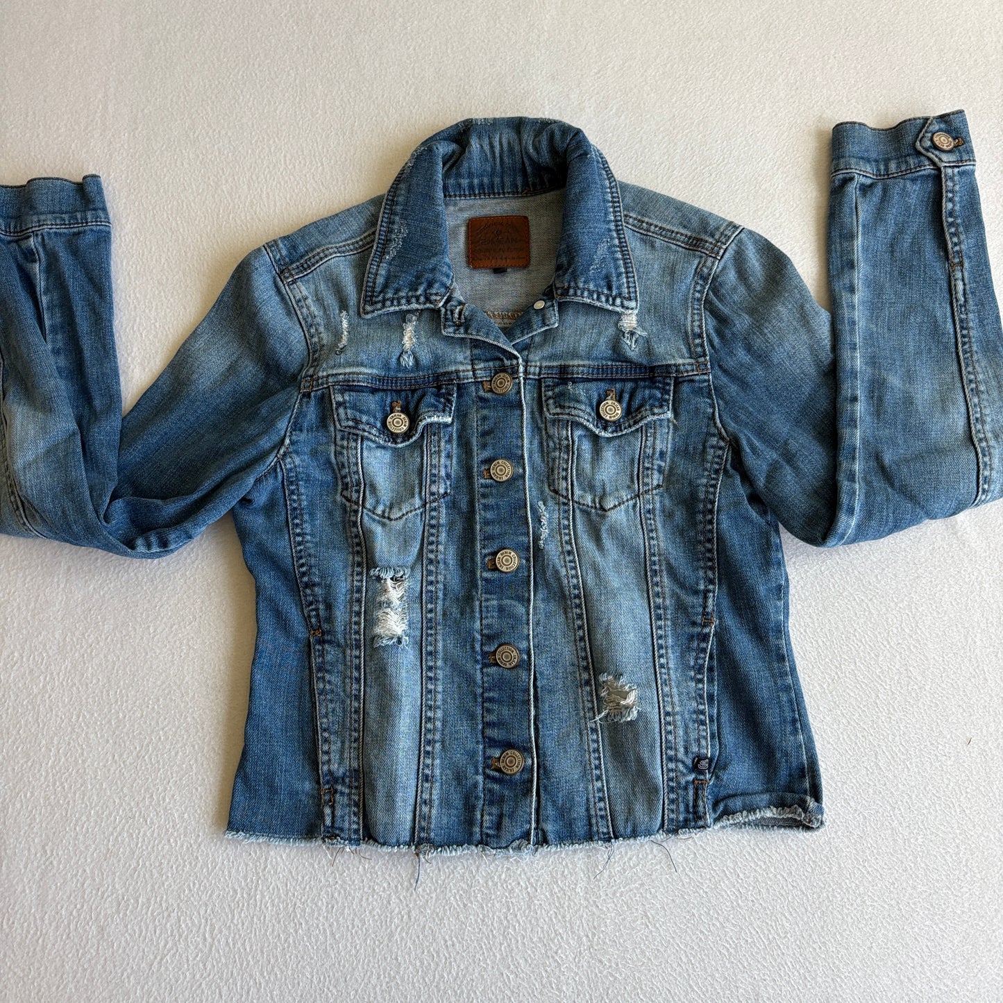 Enjean Womens Distressed Denim Jacket Small Blue Raw Hem Trucker Jean Jacket