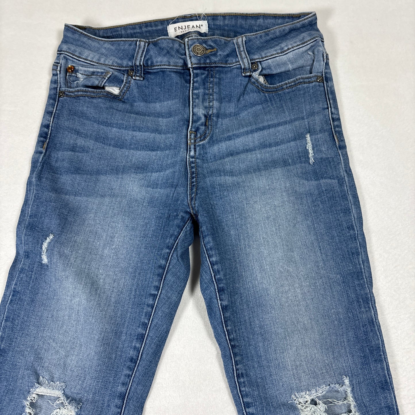 Enjean Womens Jeans 7/28 High Rise Skinny Distressed Blue Denim Y2K Grunge