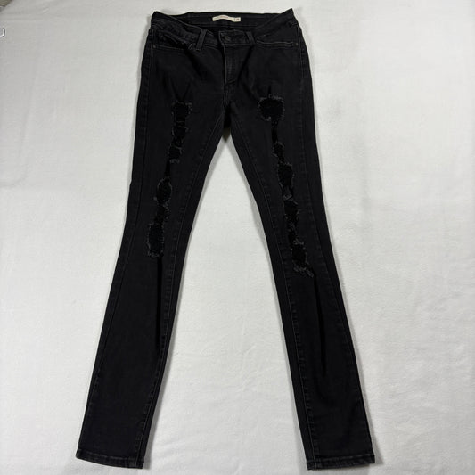 Levis 711 Jeans Womens 27 Black Y2K Skinny Distressed Stretch Denim Streetwear!!