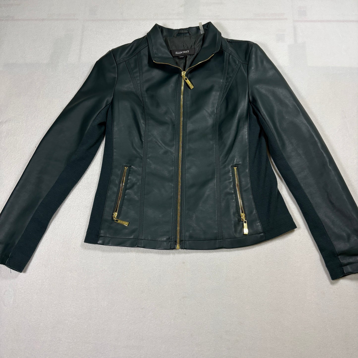 Ellen Tracy Faux Leather Jacket Womens Small Black Gold Zip Moto Style Vegan Coat
