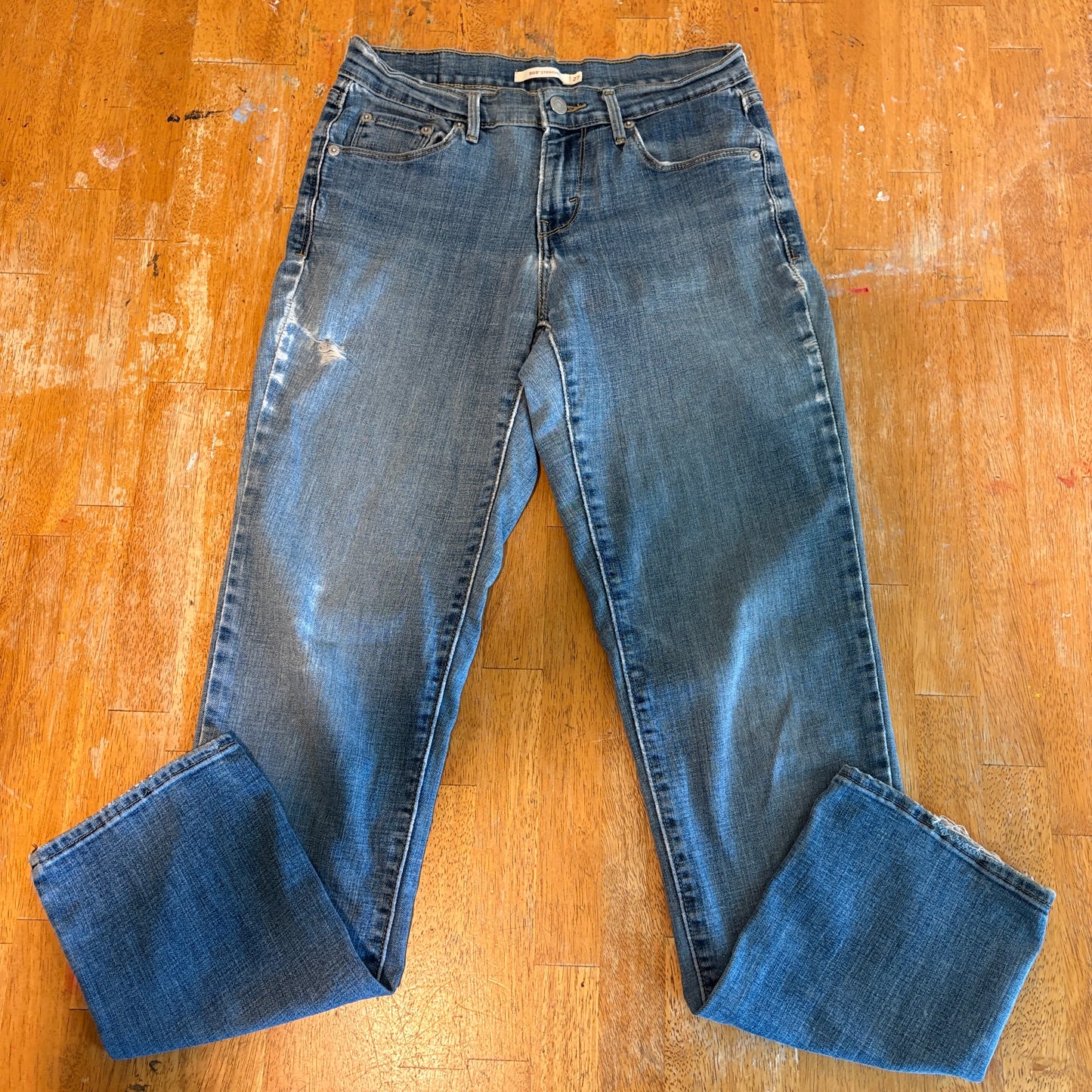 Levi's 505 Straight Jeans Tag 27 Fits Like X Blue Distressed Mid Rise Denim