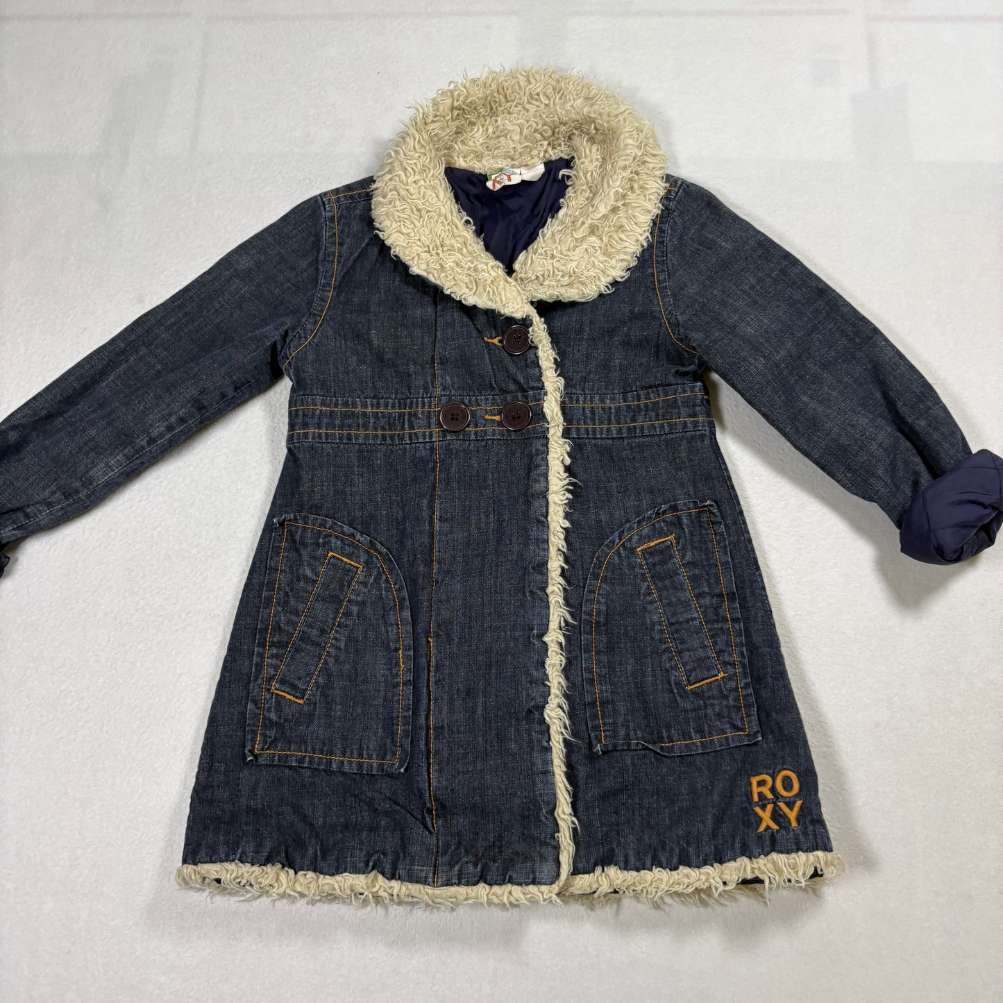 Roxy Girls Denim Sherpa Jacket Medium Blue Jean Coat Fuzzy Lined Hoodless Winter