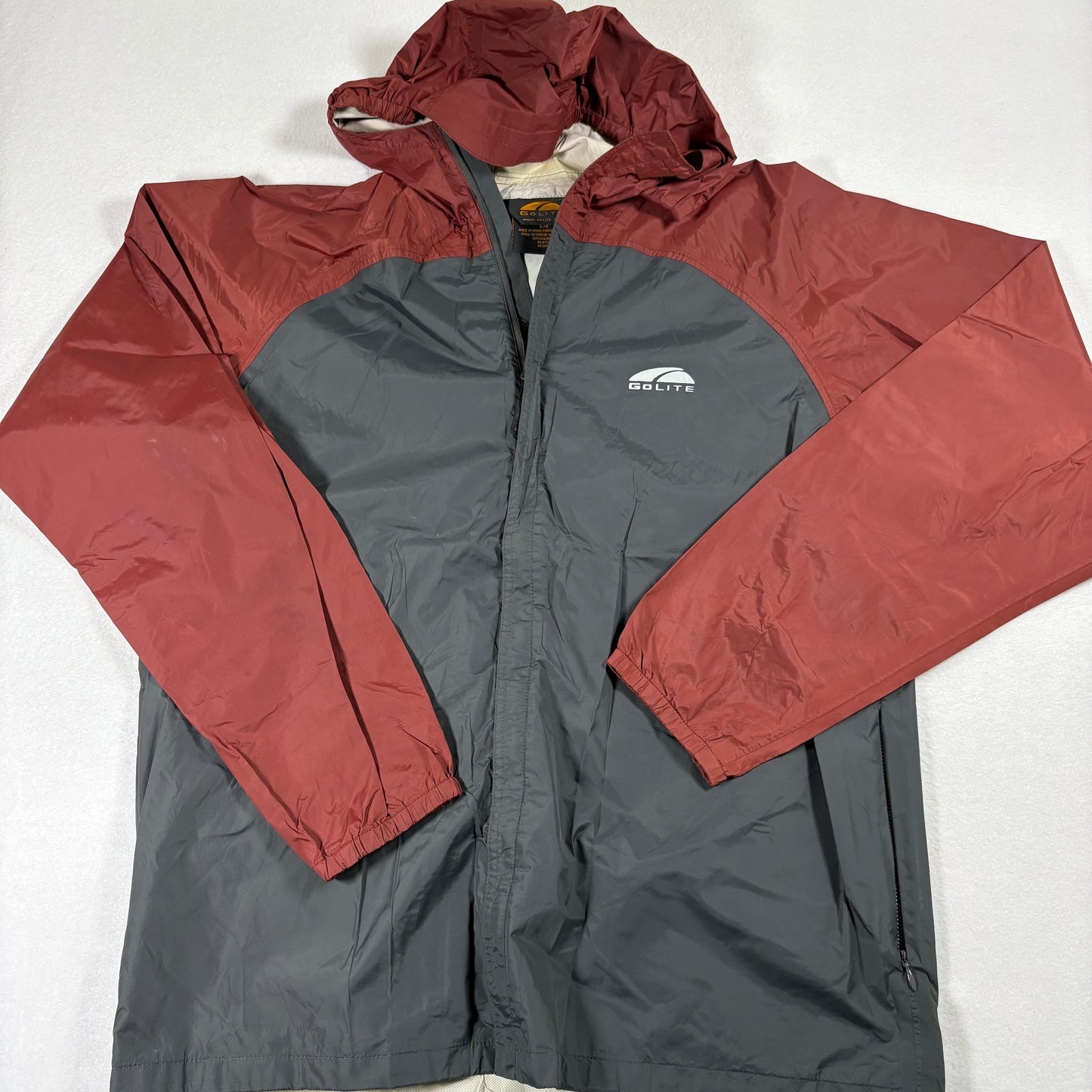 GoLite Mens Jacket L Gray Red Hooded Lightweight Nylon Windbreaker Hiking Outdoor