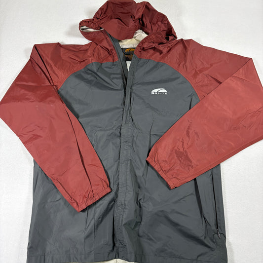 GoLite Mens Jacket L Gray Red Hooded Lightweight Nylon Windbreaker Hiking Outdoor