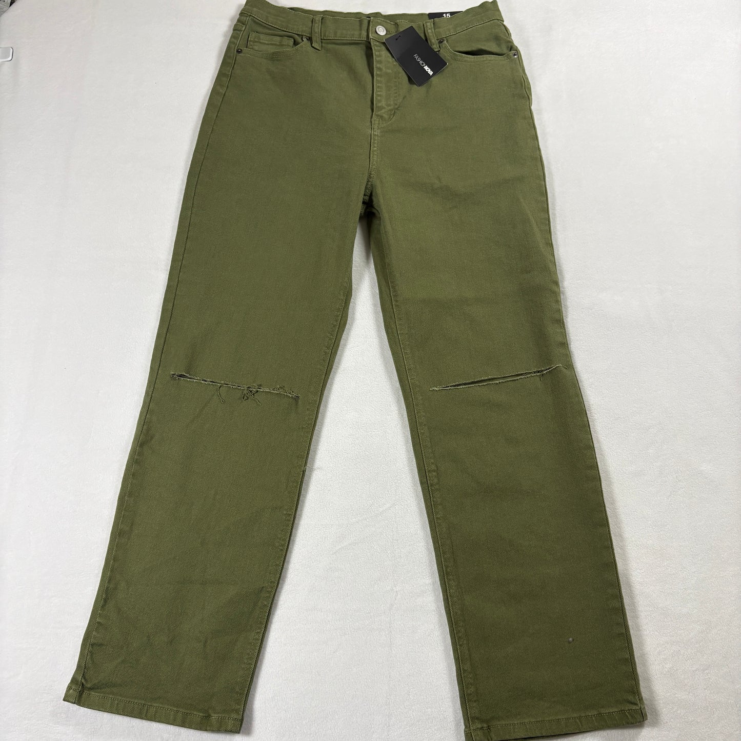 Fashion Nova Jeans Womens Size 15 Olive Distressed Knee Slit Y2K Streetwear