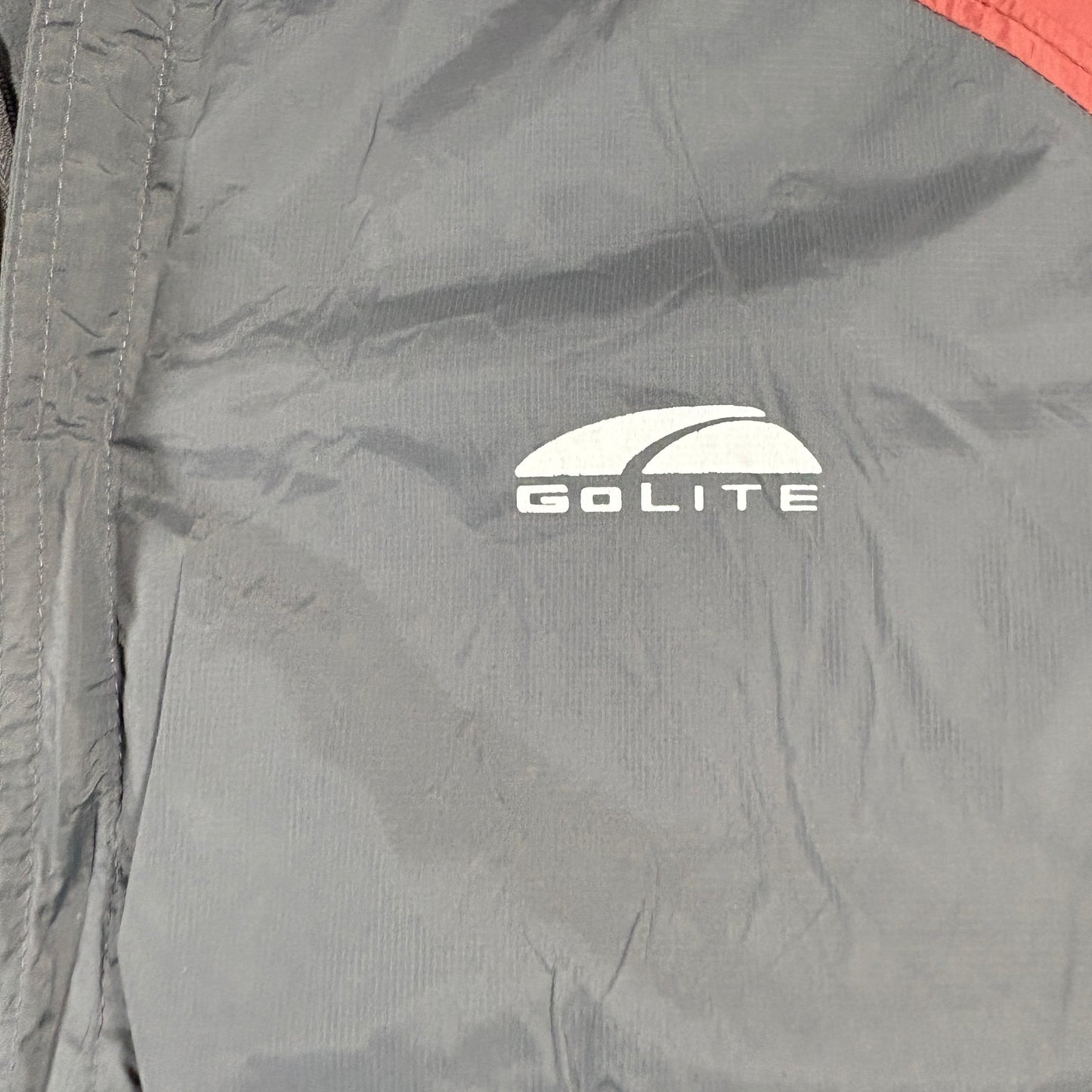 GoLite Mens Jacket L Gray Red Hooded Lightweight Nylon Windbreaker Hiking Outdoor