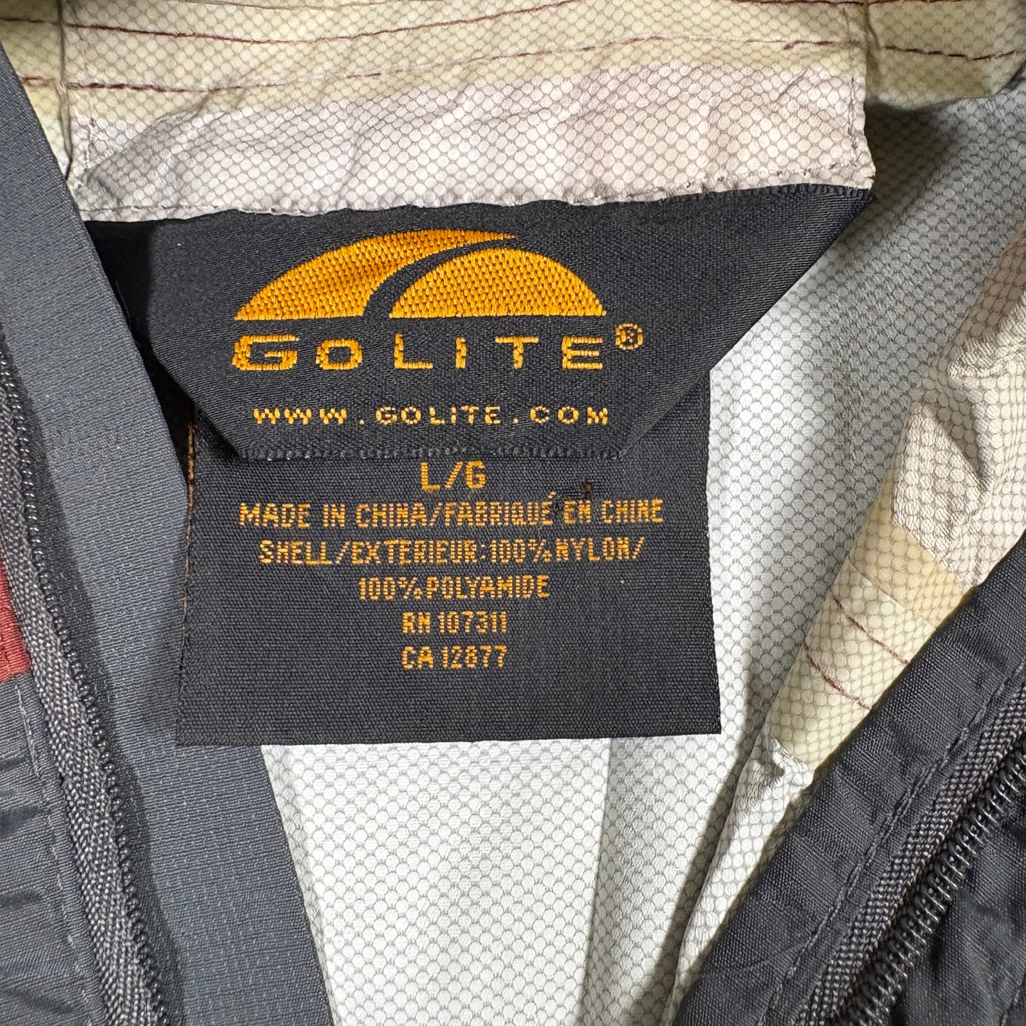 GoLite Mens Jacket L Gray Red Hooded Lightweight Nylon Windbreaker Hiking Outdoor