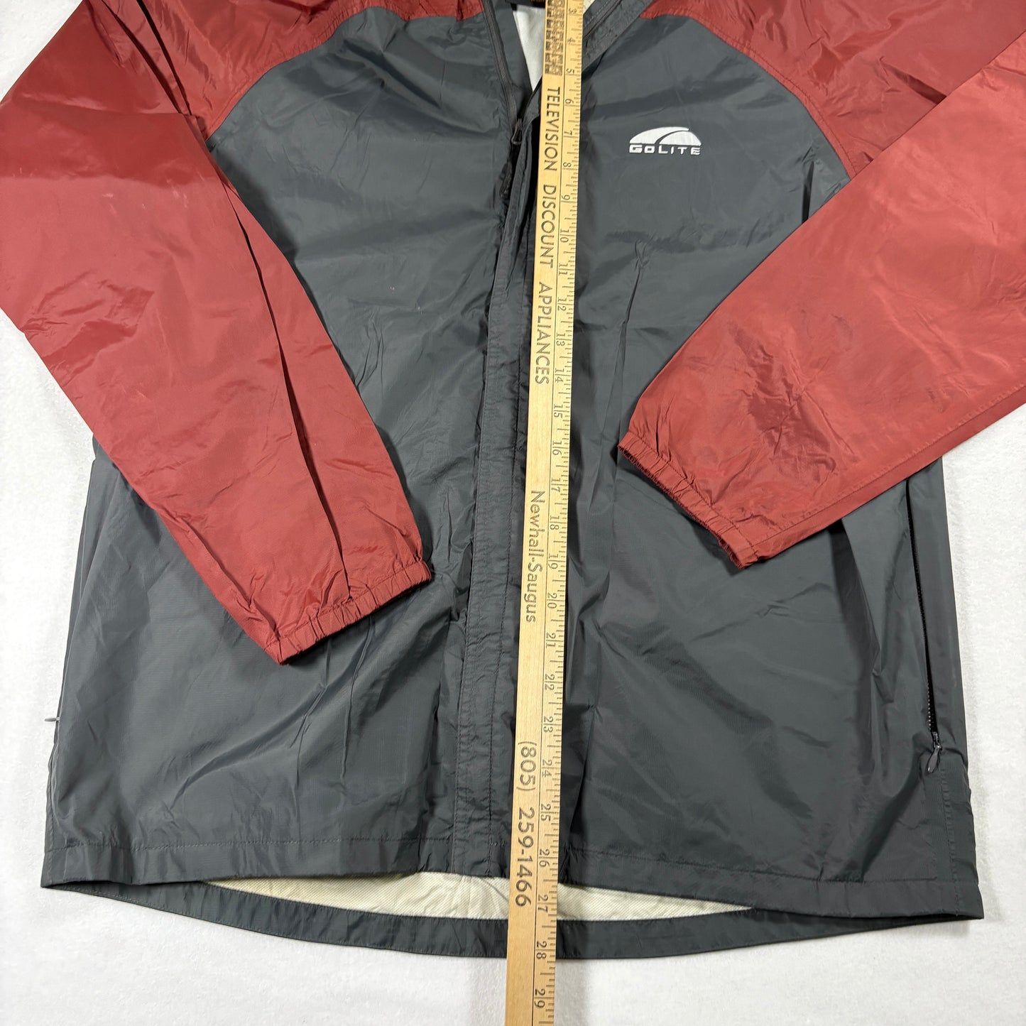 GoLite Mens Jacket L Gray Red Hooded Lightweight Nylon Windbreaker Hiking Outdoor