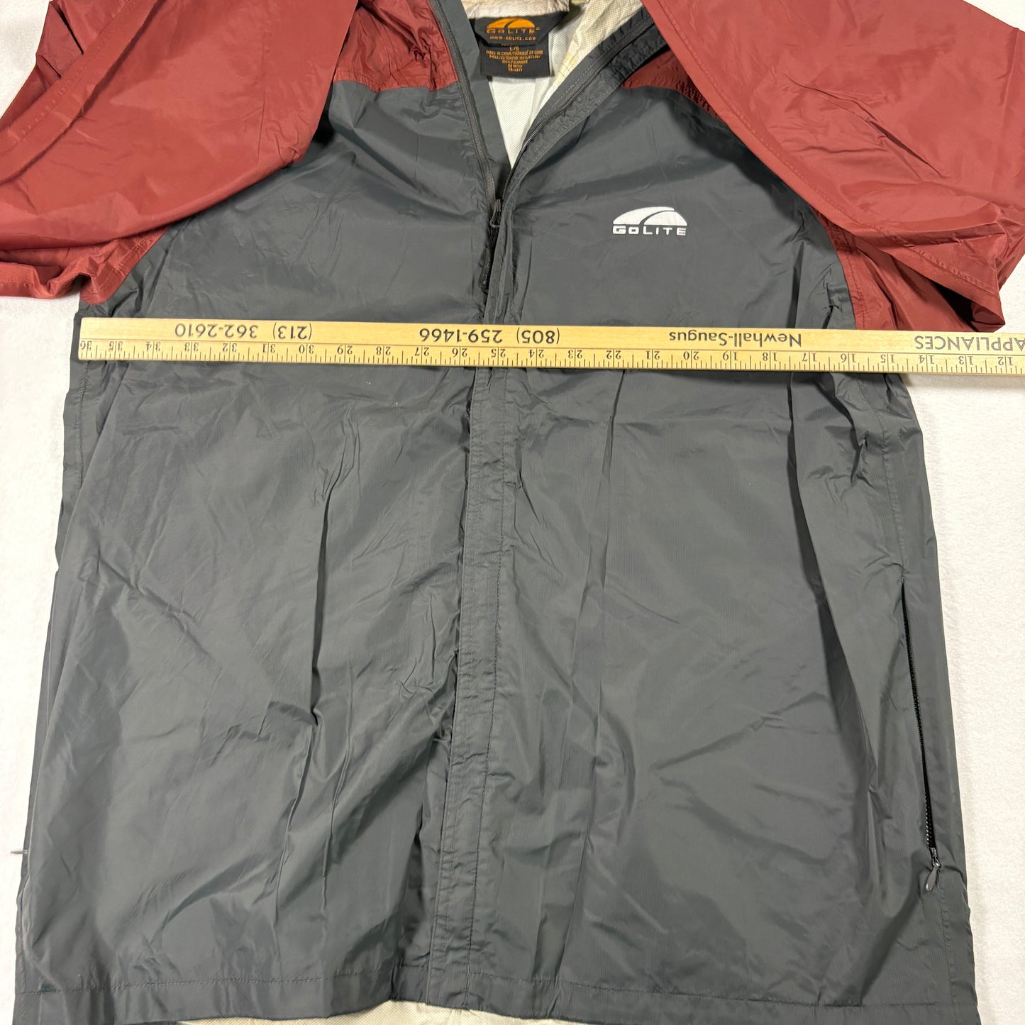 GoLite Mens Jacket L Gray Red Hooded Lightweight Nylon Windbreaker Hiking Outdoor