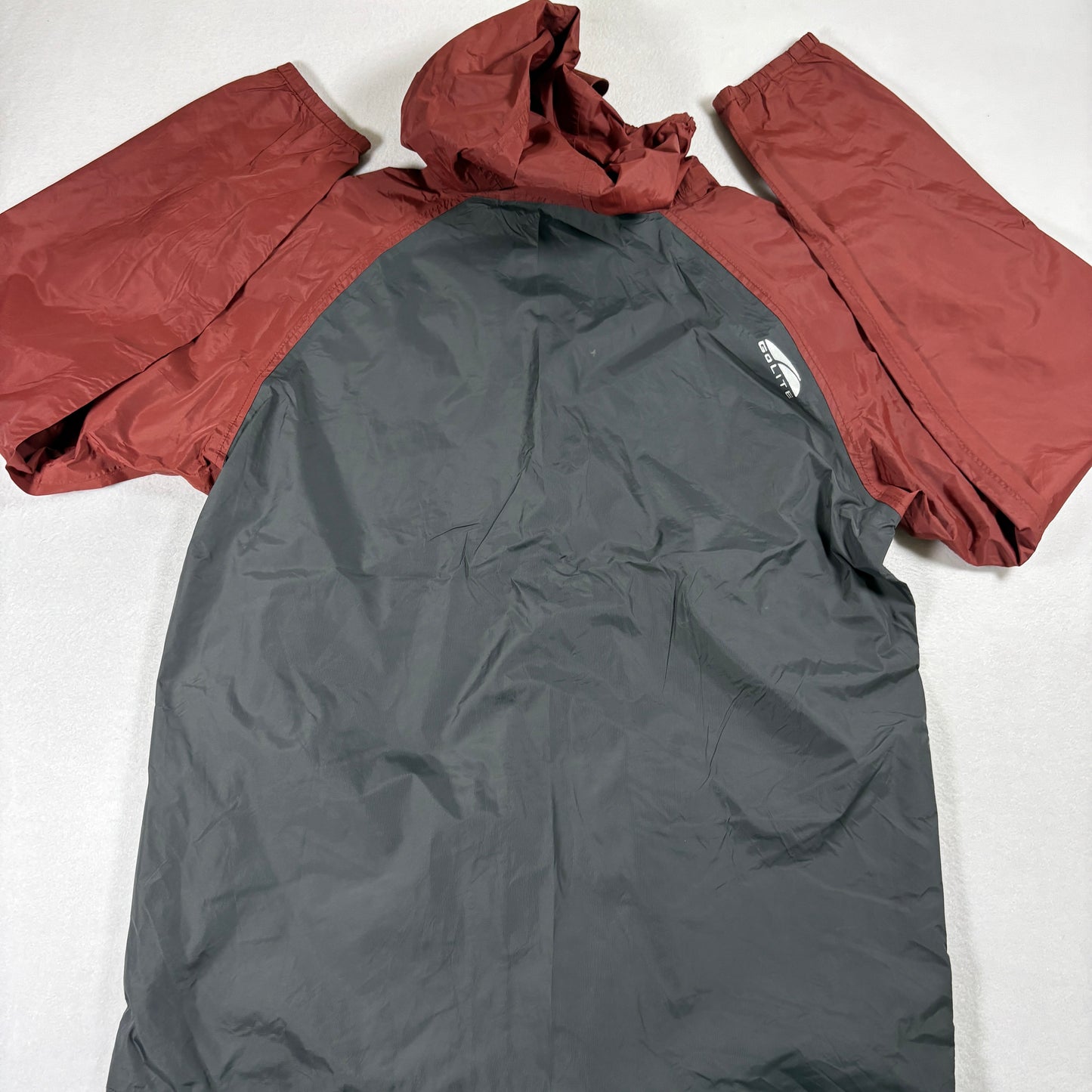 GoLite Mens Jacket L Gray Red Hooded Lightweight Nylon Windbreaker Hiking Outdoor