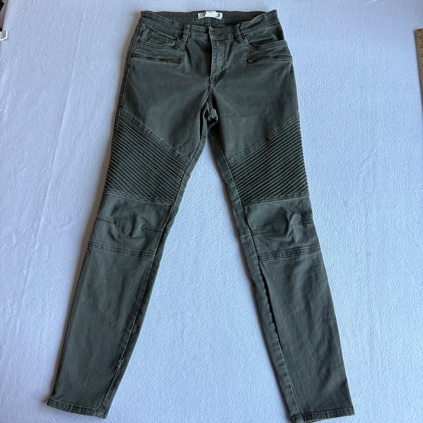 LOGG H&M Womens Moto Skinny Jeans Olive Green Biker Ribbed Stretch Pants Size 4