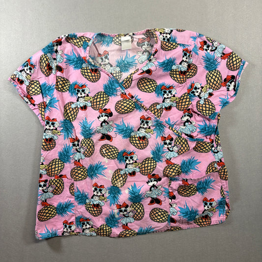 Disney Minnie Mouse Pineapple Scrub Top Womens Fits Like X Pink Cartoon