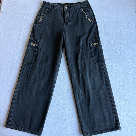 Delias Womens Cargo Wide Leg Jeans Black Zipper Pocket Y2K Skater Streetwear 13