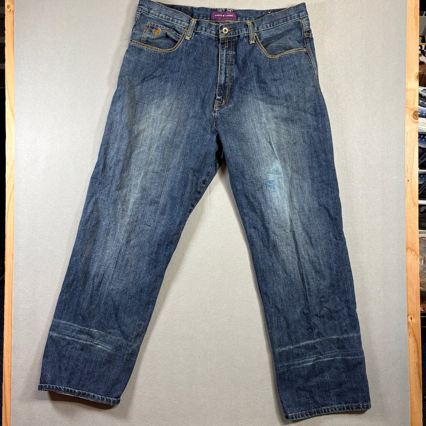 Y2K Straight Leg Denim Rocawear 38 Fits Like 38X31 Blue Streetwear Logo Fade